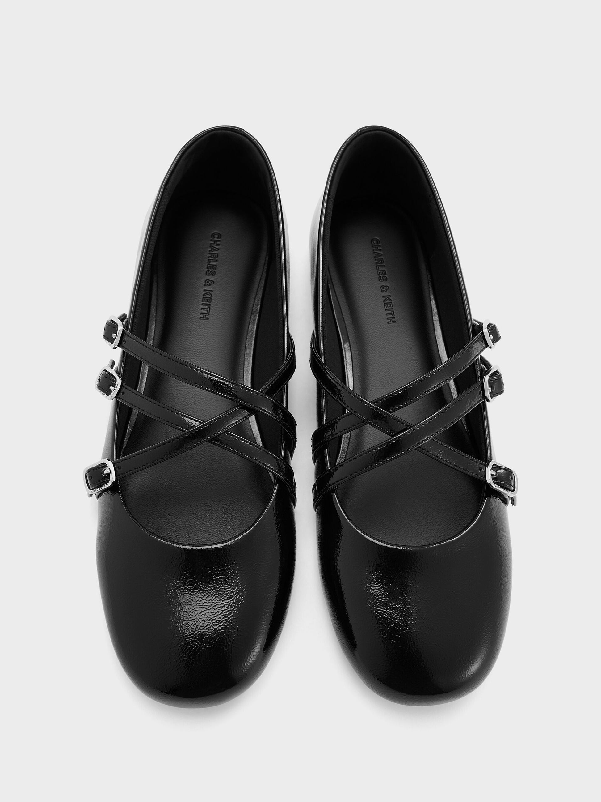 Patent Triple-Strap Mary Jane Flats - Black Patent | CHARLES & KEITH