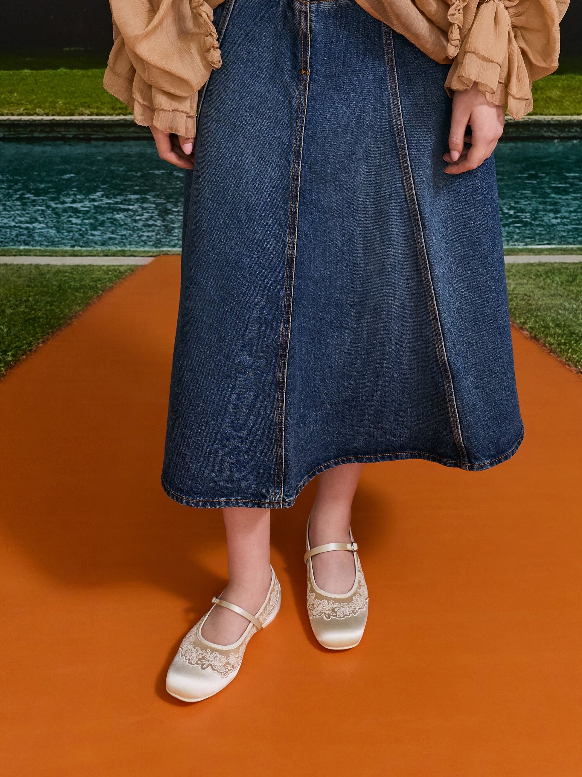Satin Embroidered-Mesh Mary Jane Flats - White | CHARLES & KEITH