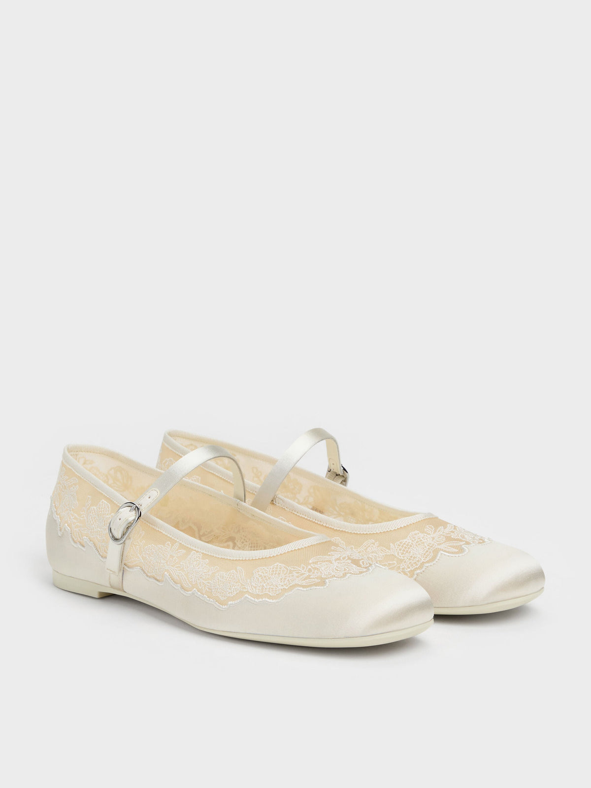 Satin Embroidered-Mesh Mary Jane Flats - White | CHARLES & KEITH