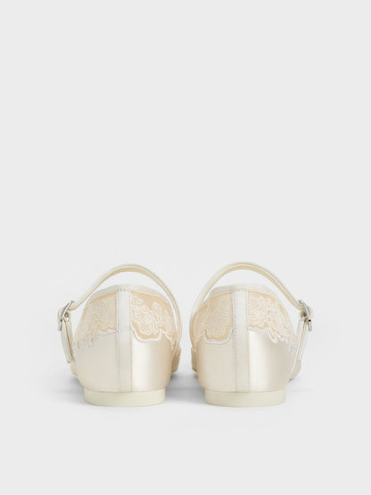 Satin Embroidered-Mesh Mary Jane Flats - White | CHARLES & KEITH