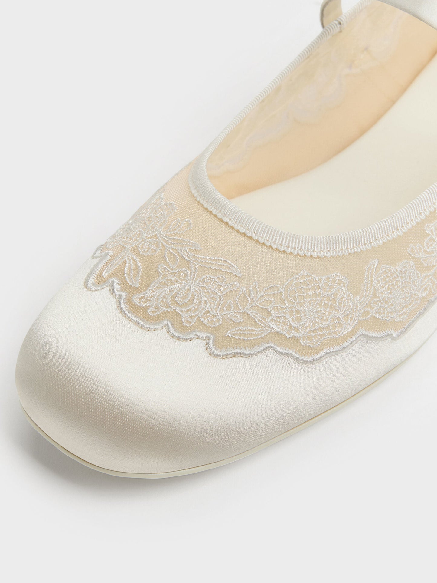 Satin Embroidered-Mesh Mary Jane Flats - White | CHARLES & KEITH