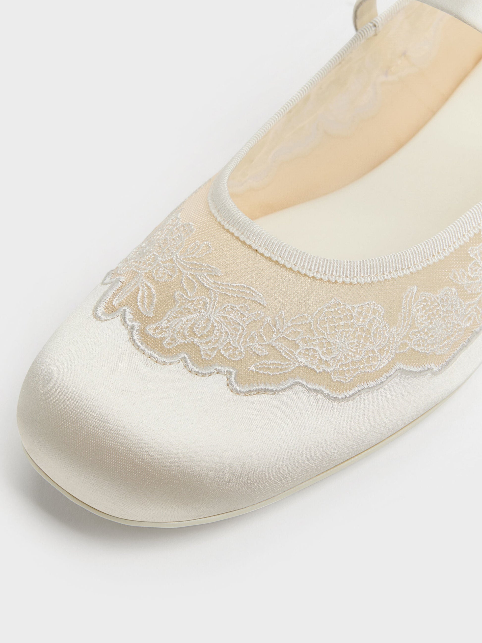 Satin Embroidered-Mesh Mary Jane Flats - White | CHARLES & KEITH