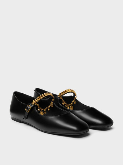 Double-Chain Charm Mary Jane Flats - Black | CHARLES & KEITH