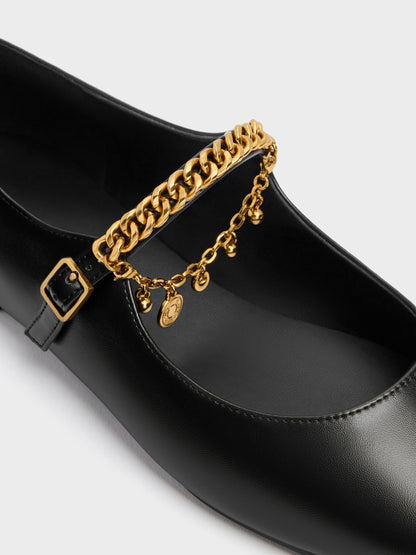 Double-Chain Charm Mary Jane Flats - Black | CHARLES & KEITH