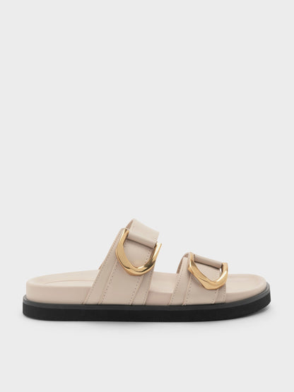 Gabine Gold-Buckle Leather Slides - Oat | CHARLES & KEITH