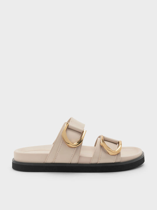 Gabine Gold-Buckle Leather Slides - Oat | CHARLES & KEITH