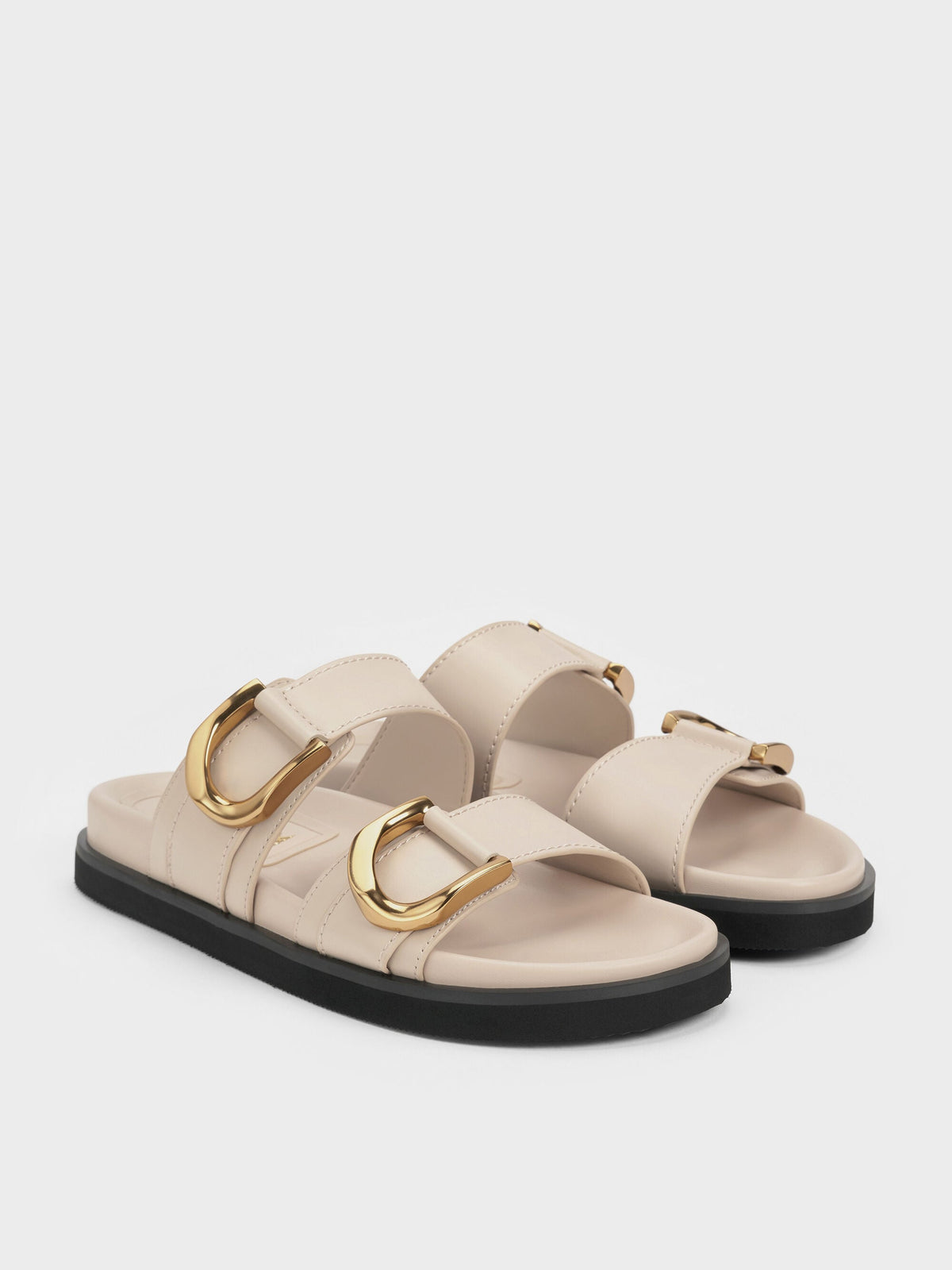 Gabine Gold-Buckle Leather Slides - Oat | CHARLES & KEITH