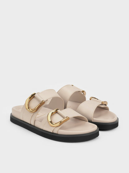 Gabine Gold-Buckle Leather Slides - Oat | CHARLES & KEITH