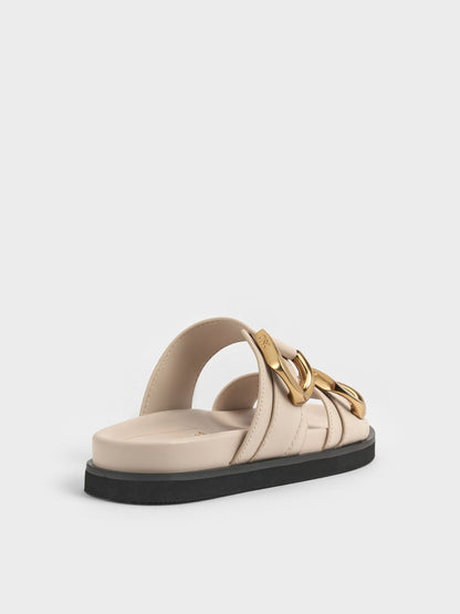 Gabine Gold-Buckle Leather Slides - Oat | CHARLES & KEITH