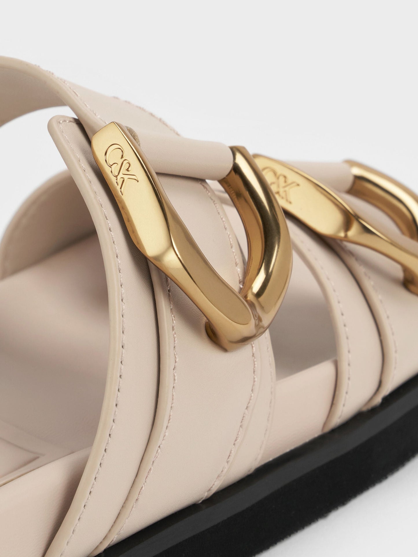 Gabine Gold-Buckle Leather Slides - Oat | CHARLES & KEITH