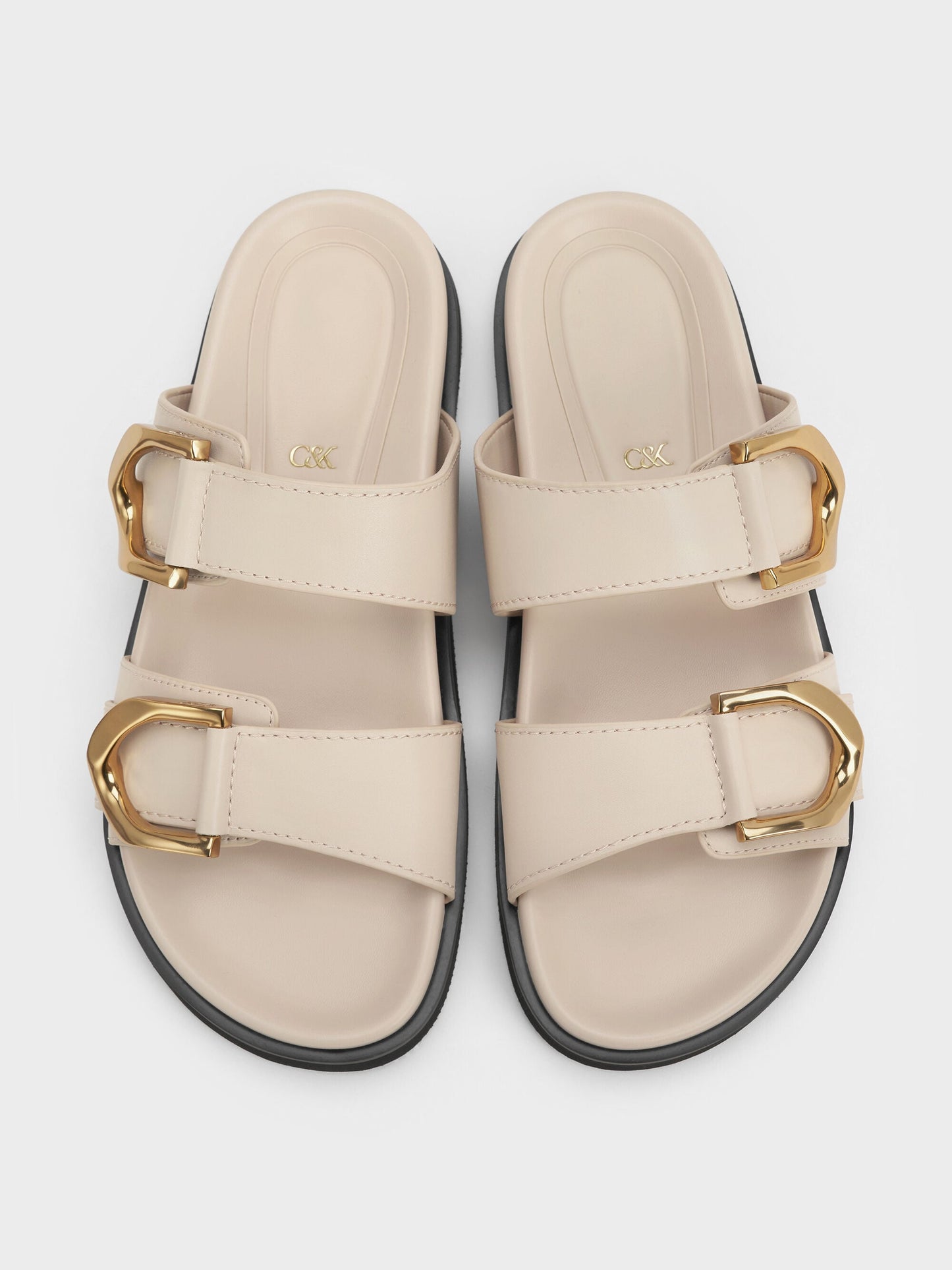 Gabine Gold-Buckle Leather Slides - Oat | CHARLES & KEITH