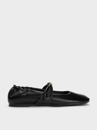 Metallic-Accent Twist-Strap Mary Jane Flats - Black | CHARLES & KEITH