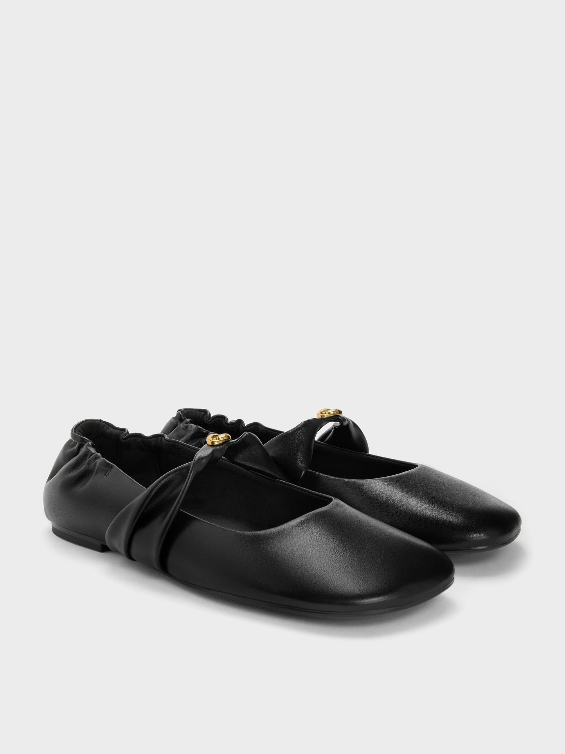 Metallic-Accent Twist-Strap Mary Jane Flats - Black | CHARLES & KEITH