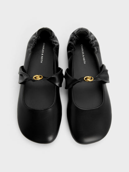 Metallic-Accent Twist-Strap Mary Jane Flats - Black | CHARLES & KEITH