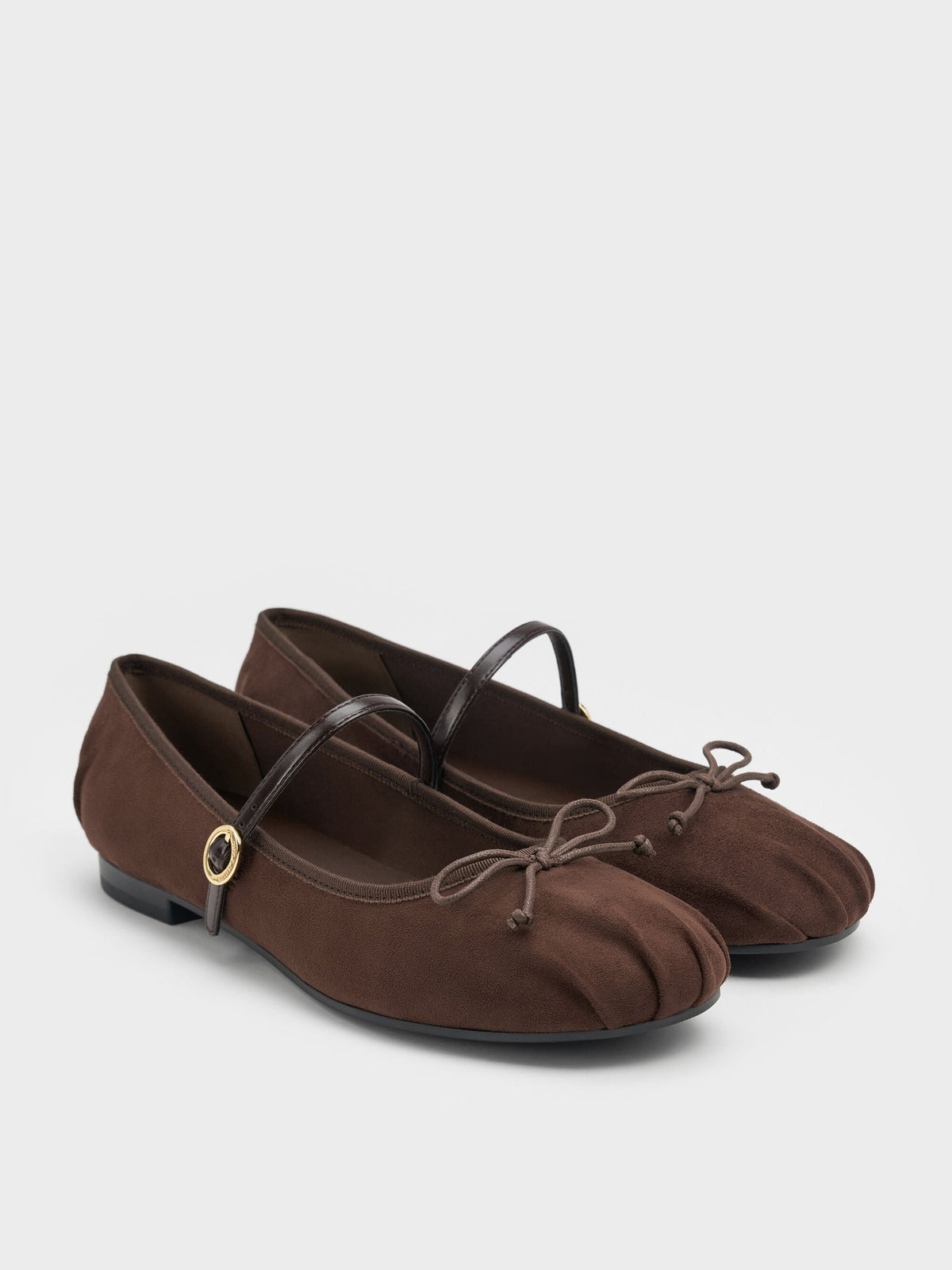 Emiko Faux Suede Bow Mary Jane Flats - Dark Brown Textured | CHARLES & KEITH