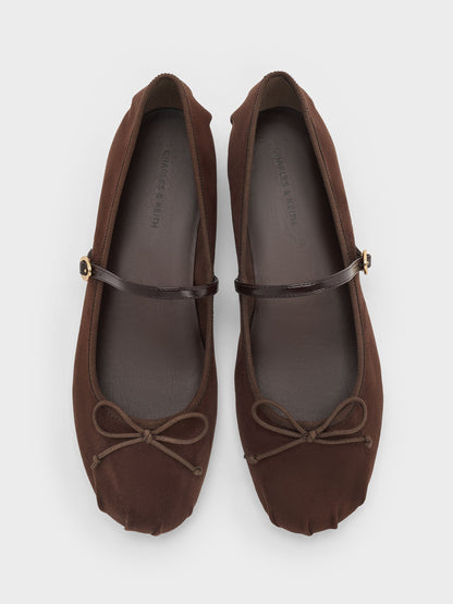 Emiko Faux Suede Bow Mary Jane Flats - Dark Brown Textured | CHARLES & KEITH