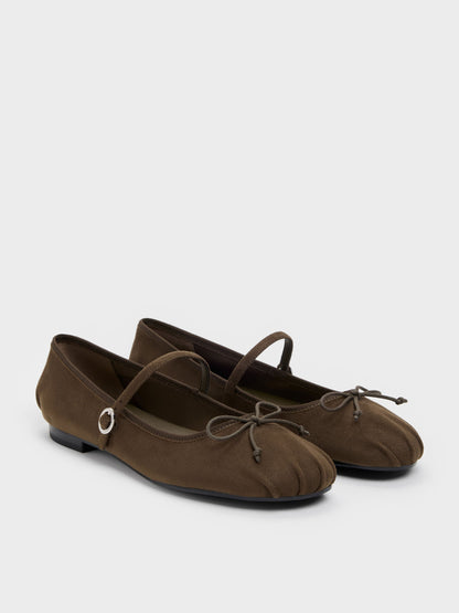Emiko Faux Suede Bow Mary Jane Flats - Chocolate Textured | CHARLES & KEITH