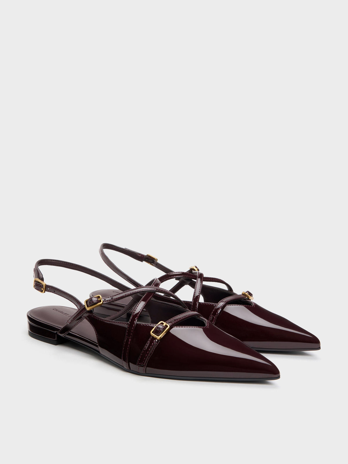 Maybelle Patent Strappy Slingback Flats - Burgundy | CHARLES & KEITH