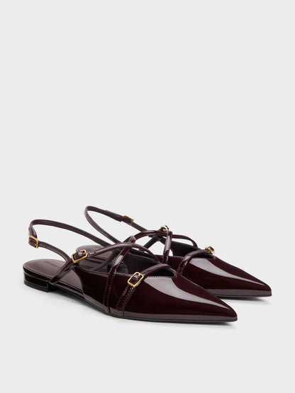 Maybelle Patent Strappy Slingback Flats - Burgundy | CHARLES & KEITH