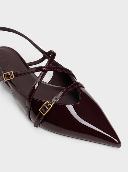 Maybelle Patent Strappy Slingback Flats - Burgundy | CHARLES & KEITH