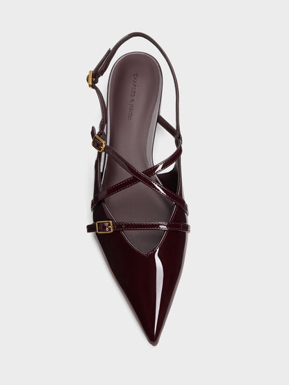 Maybelle Patent Strappy Slingback Flats - Burgundy | CHARLES & KEITH