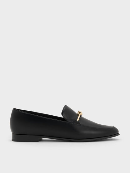 Metallic Knot-Bar Loafers - Black | CHARLES & KEITH