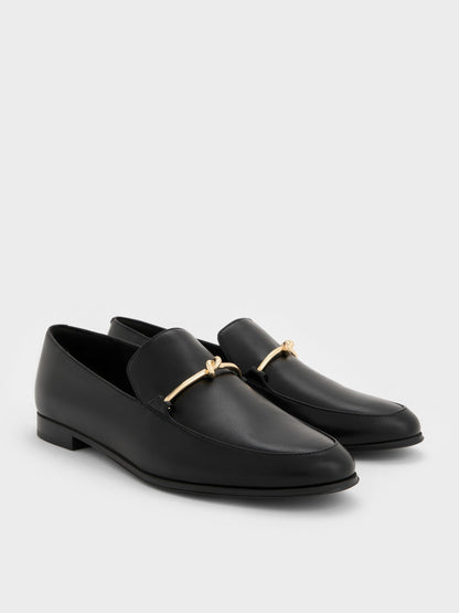 Metallic Knot-Bar Loafers - Black | CHARLES & KEITH
