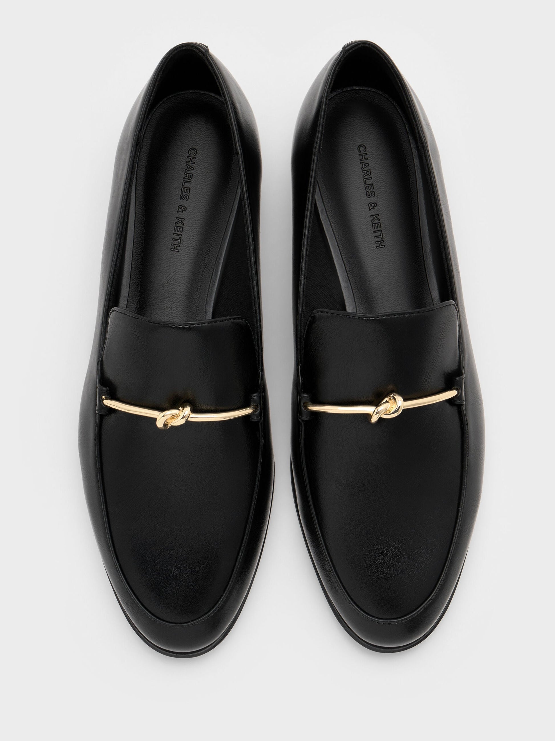 Metallic Knot-Bar Loafers - Black | CHARLES & KEITH
