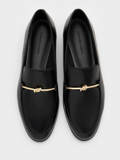 Metallic Knot-Bar Loafers - Black | CHARLES & KEITH