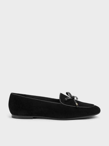 Leather & Suede Bow Loafers - Black Textured | CHARLES & KEITH
