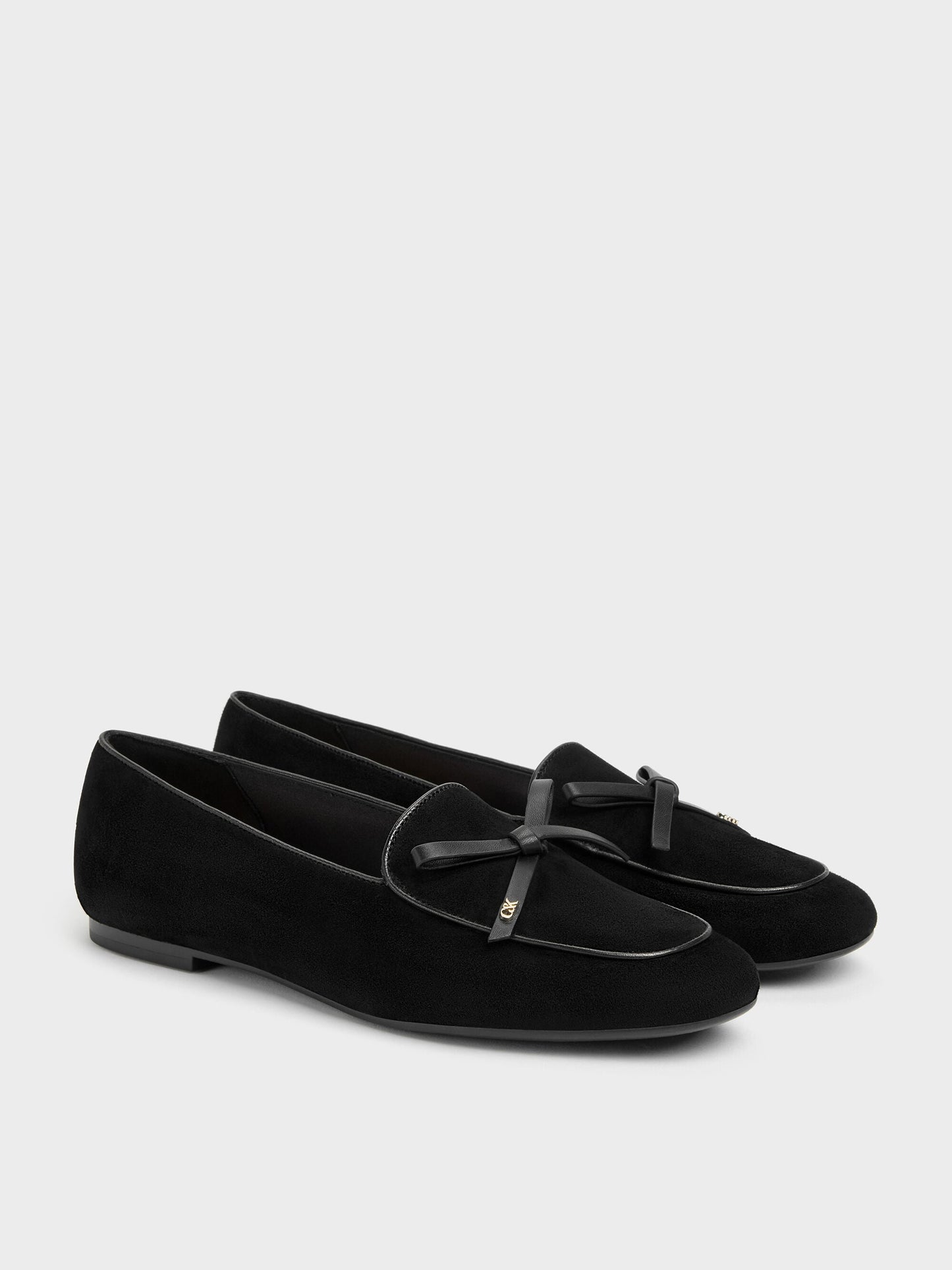 Leather & Suede Bow Loafers - Black Textured | CHARLES & KEITH