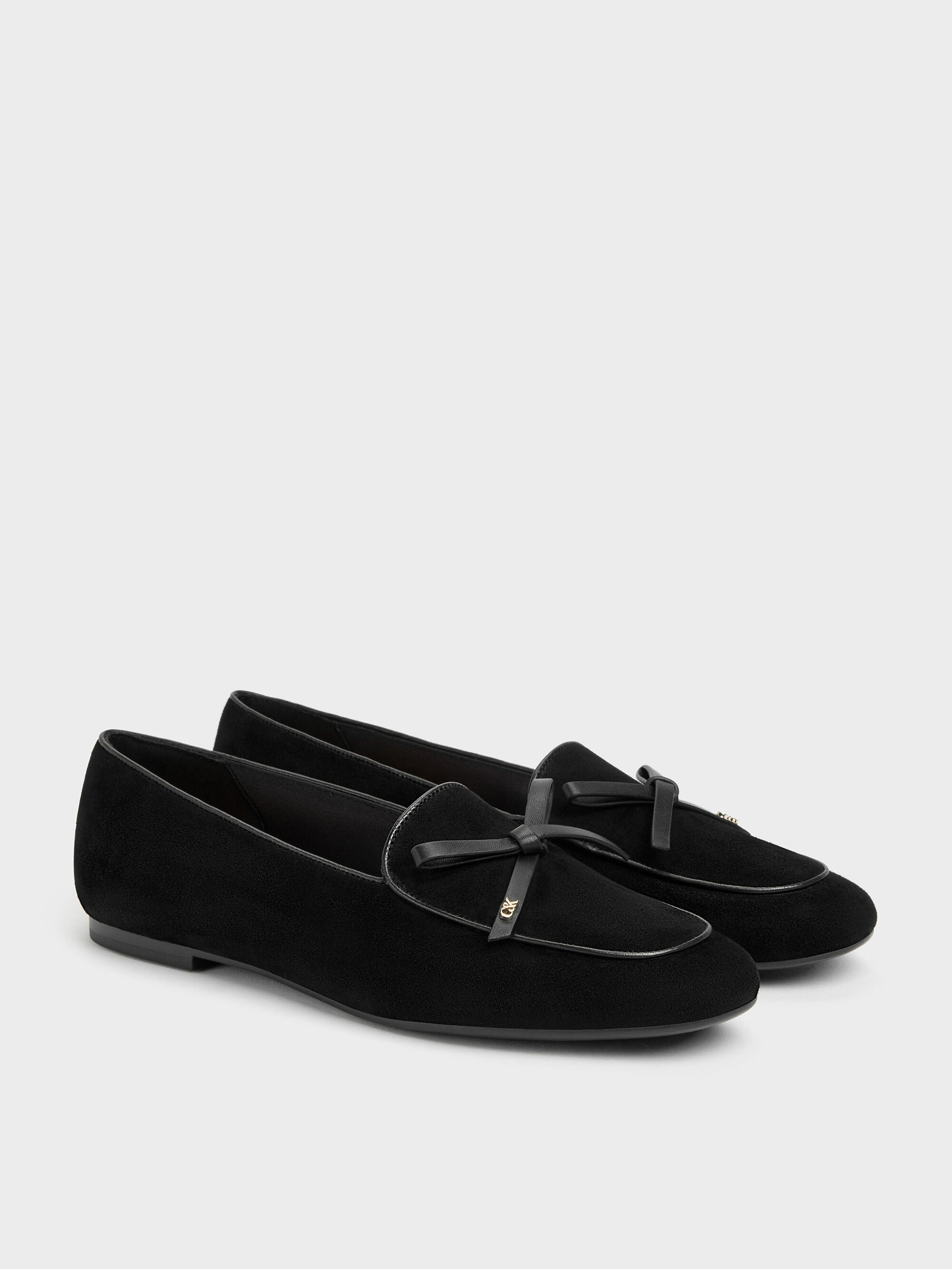 Leather & Suede Bow Loafers - Black Textured | CHARLES & KEITH