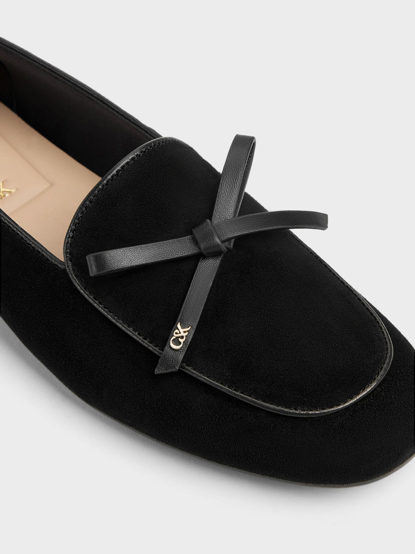 Leather & Suede Bow Loafers - Black Textured | CHARLES & KEITH