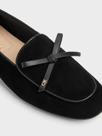 Leather & Suede Bow Loafers - Black Textured | CHARLES & KEITH