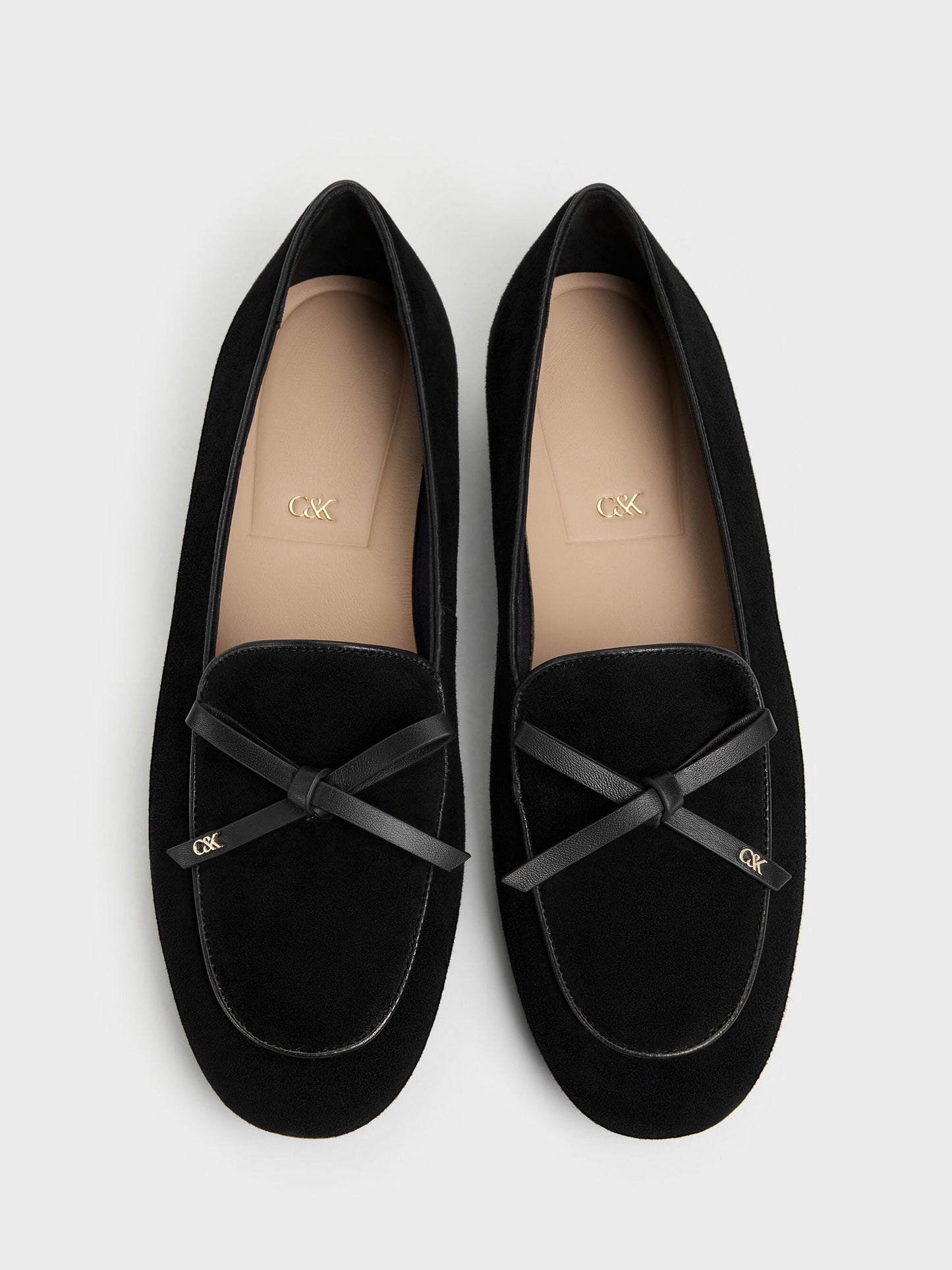 Leather & Suede Bow Loafers - Black Textured | CHARLES & KEITH