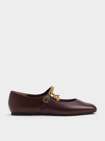 Double-Chain Charm Mary Jane Flats - Burgundy | CHARLES & KEITH