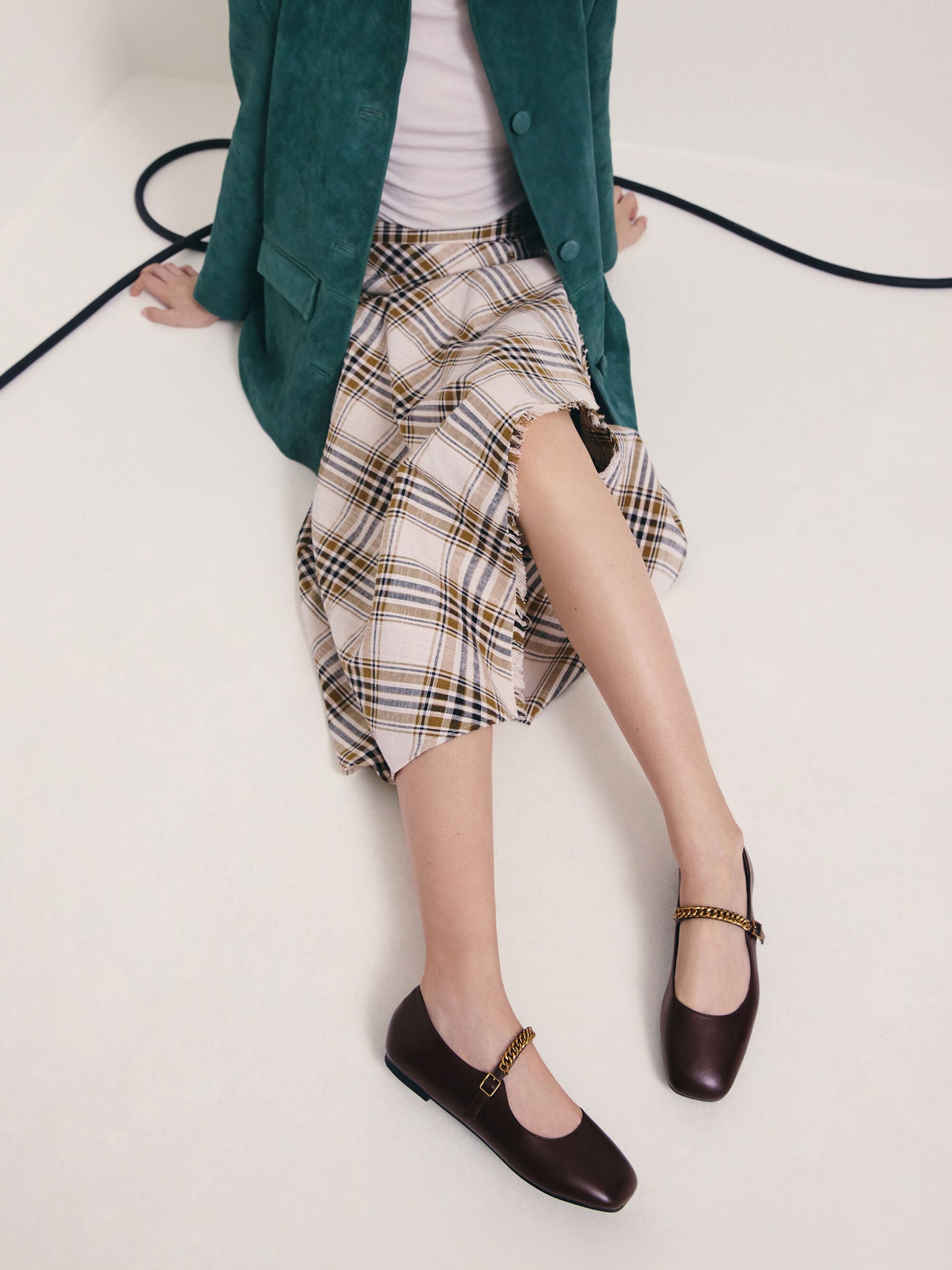 Double-Chain Charm Mary Jane Flats - Burgundy | CHARLES & KEITH