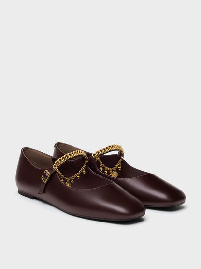 Double-Chain Charm Mary Jane Flats - Burgundy | CHARLES & KEITH