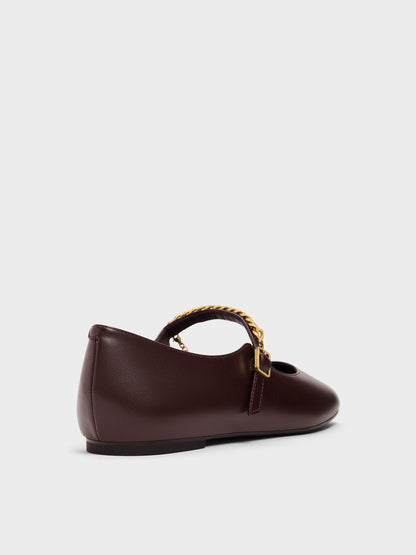 Double-Chain Charm Mary Jane Flats - Burgundy | CHARLES & KEITH