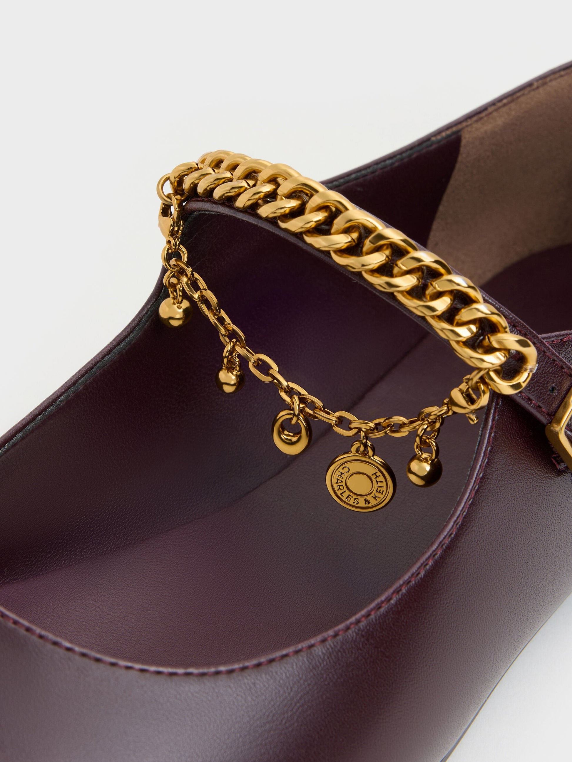 Double-Chain Charm Mary Jane Flats - Burgundy | CHARLES & KEITH