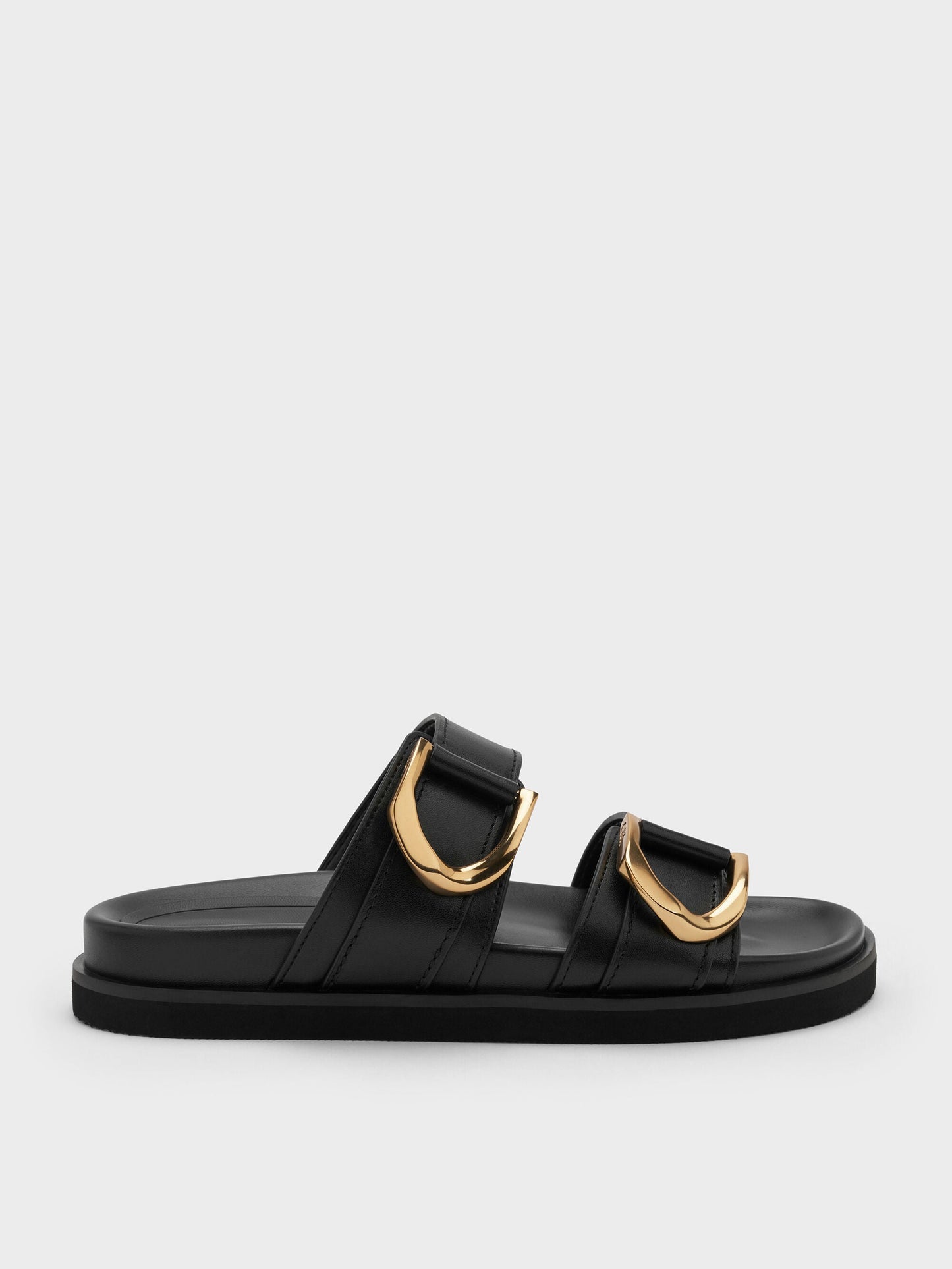 Gabine Gold-Buckle Leather Slides - Black | CHARLES & KEITH