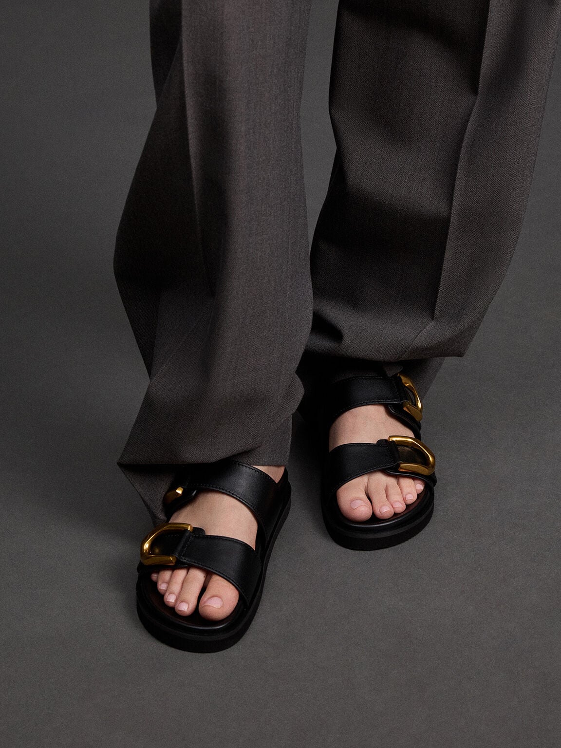 Gabine Gold-Buckle Leather Slides - Black | CHARLES & KEITH