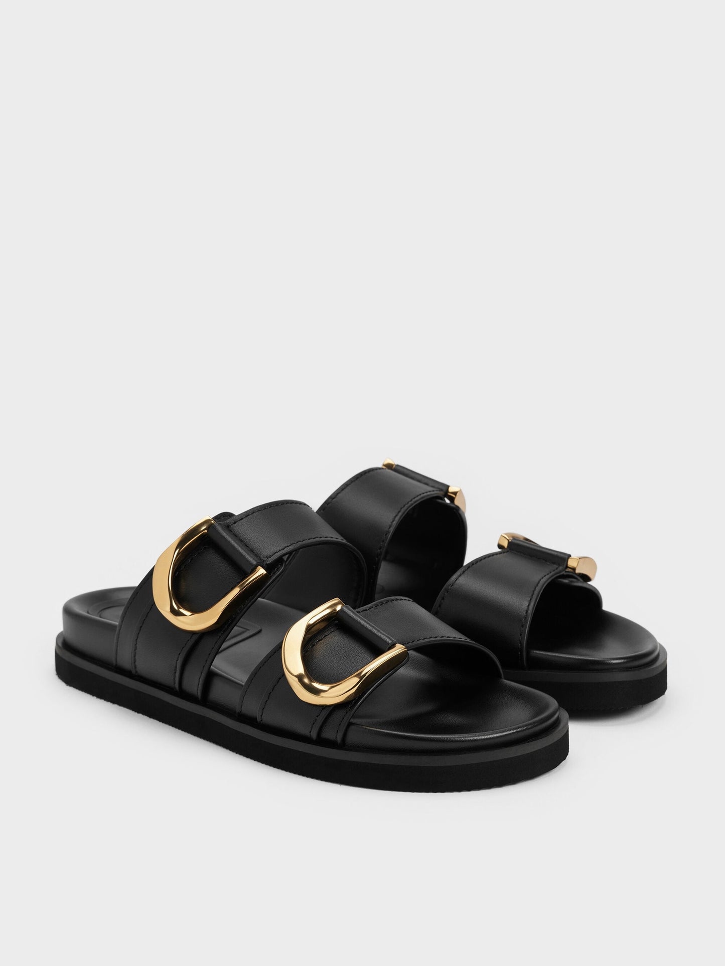 Gabine Gold-Buckle Leather Slides - Black | CHARLES & KEITH