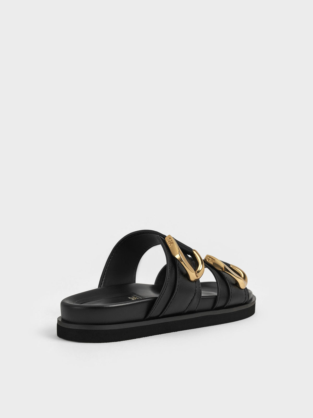 Gabine Gold-Buckle Leather Slides - Black | CHARLES & KEITH