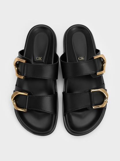 Gabine Gold-Buckle Leather Slides - Black | CHARLES & KEITH