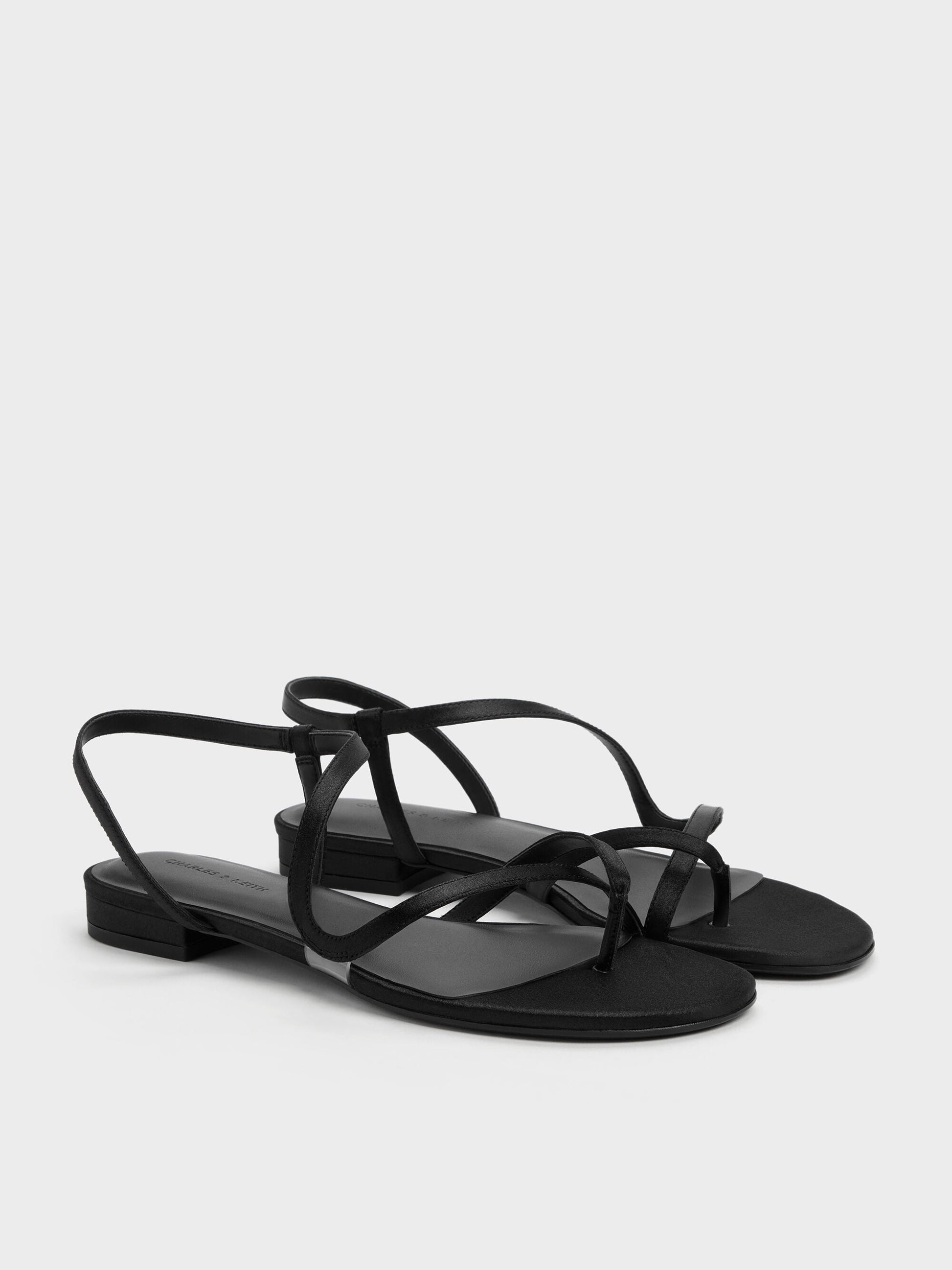 Arden Satin Wavy Toe-Ring Sandals - Black Textured | CHARLES & KEITH