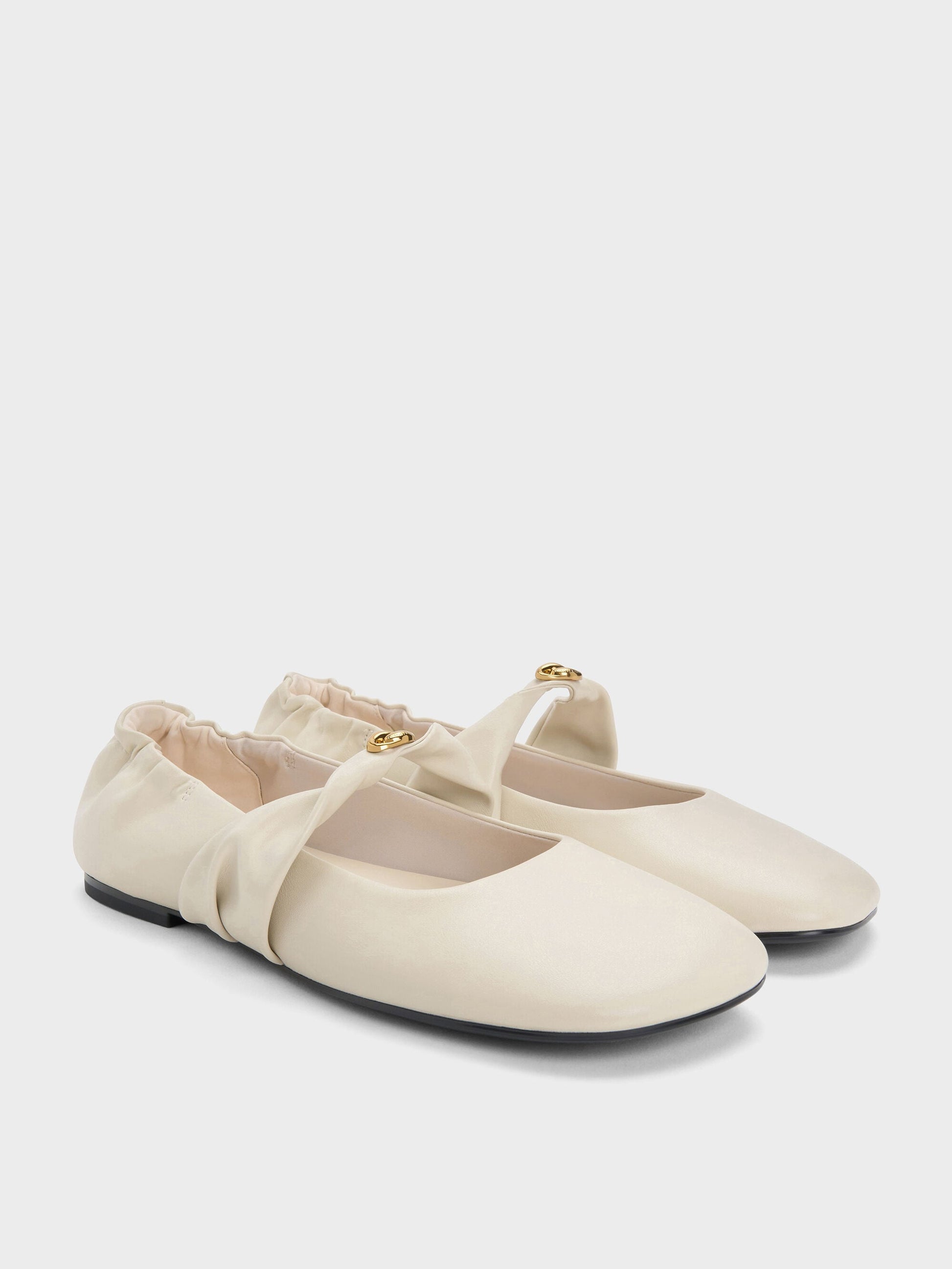 Metallic-Accent Twist-Strap Mary Jane Flats - Chalk | CHARLES & KEITH