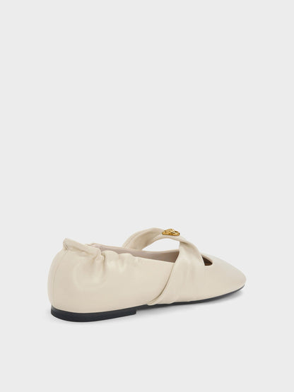 Metallic-Accent Twist-Strap Mary Jane Flats - Chalk | CHARLES & KEITH