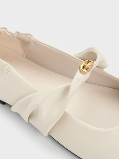 Metallic-Accent Twist-Strap Mary Jane Flats - Chalk | CHARLES & KEITH