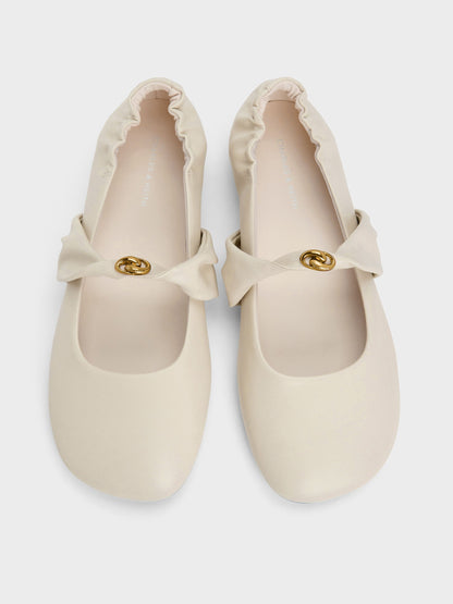 Metallic-Accent Twist-Strap Mary Jane Flats - Chalk | CHARLES & KEITH